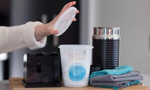Getting ready to clean the parts of a Nespresso machine with Figgy and Co's Cleaning Paste