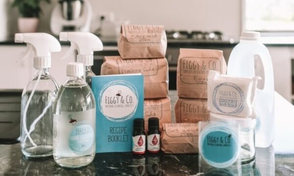 Figgy and Co Sampler Pack featuring DIY cleaning products: Figgy recipe booklet 2 x 10ml essential oils 500ml home cleaning castile soap 100g Figgy bar soap 1kg baking soda 1kg washing soda 500g borax 500g oxygen bleach 250g citric acid 250g salt 1L strong white vinegar 2 x glass trigger bottles glass pottle 6 x Figgy DIY labels